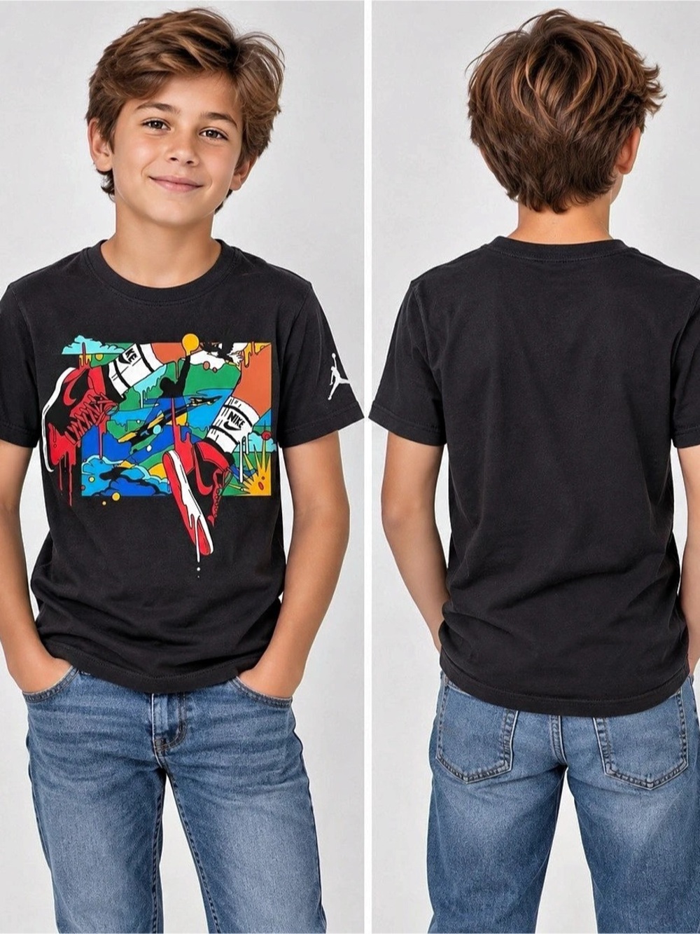 Nike Jordan Super Splash Paint Spill Jumpman T-Shirt Boys Medium Black